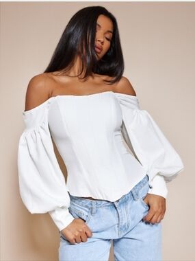 PrettyLittleThing White Bardot Balloon Sleeve Corset Top Size 4 Off The Shoulder